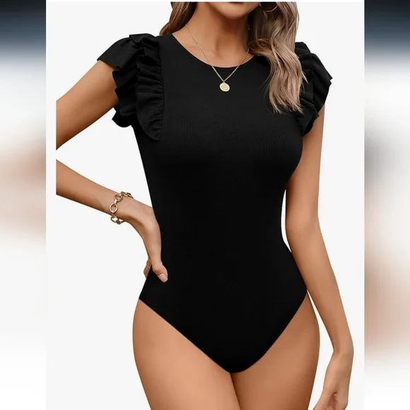Amazon Missufe Flutter Sleeve Bodysuit Ribbed Black Skims Casual Shapewear - Picture 1 of 16